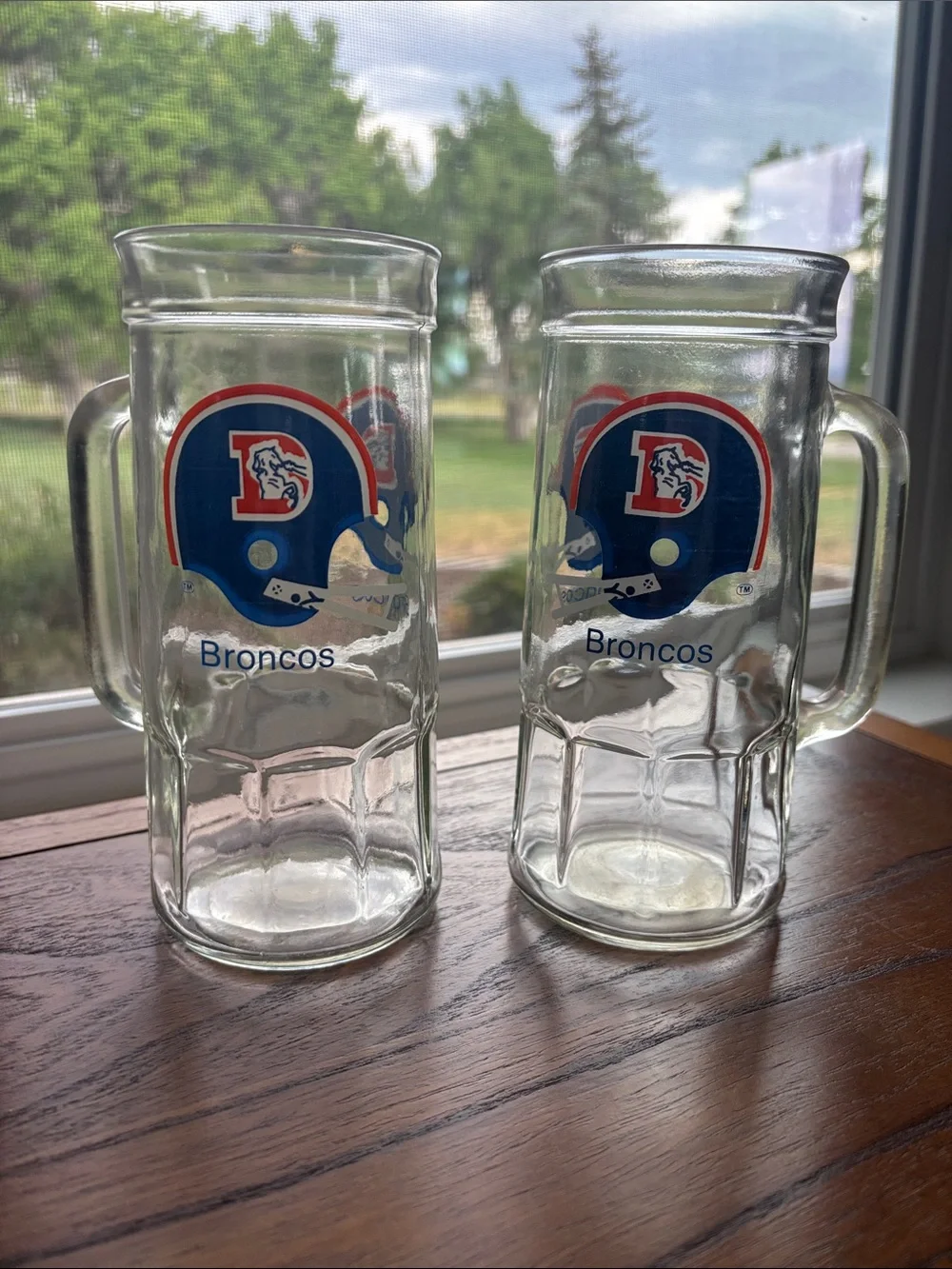 Vintage Denver Broncos Glass Beer Mug - Clear Glass with Blue & Orange Helmet